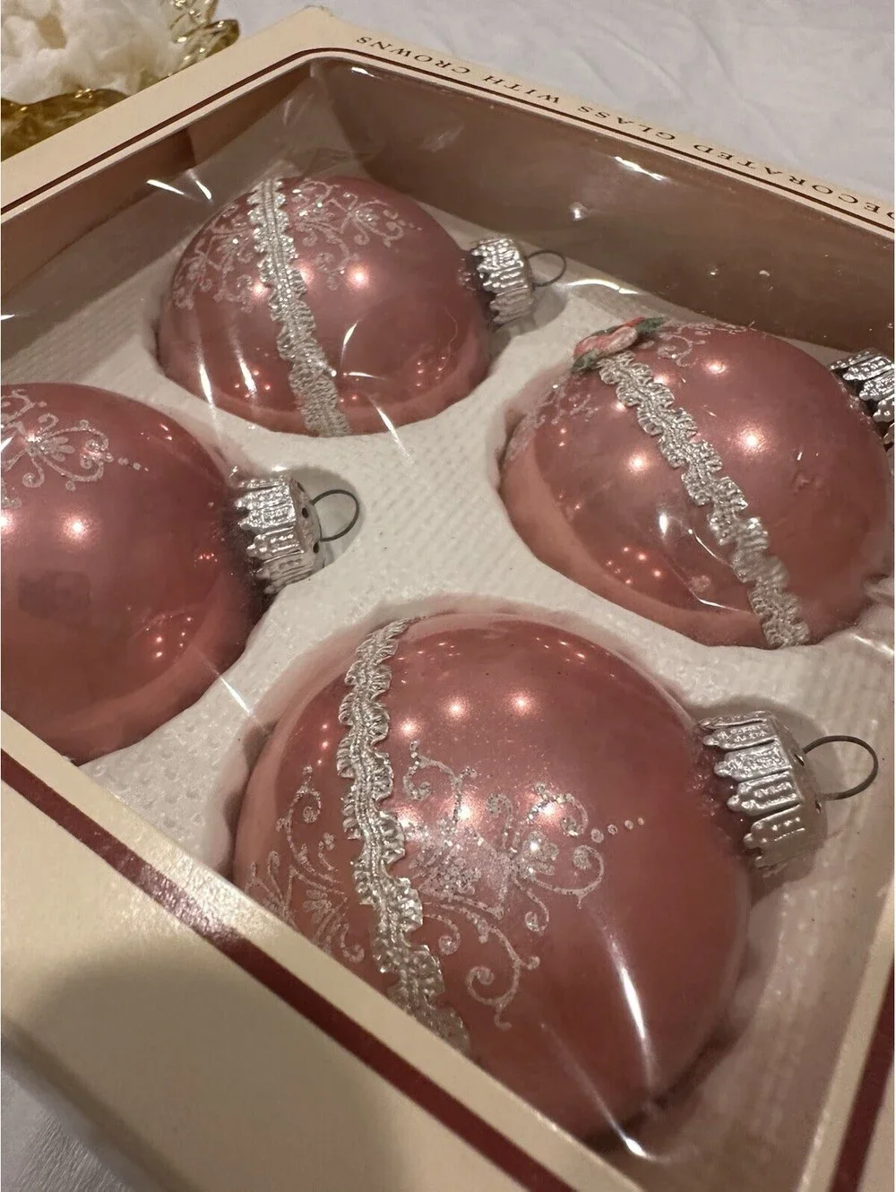 VTG Krebs USA Glass Christmas Ball Ornaments Appliqué Lace Frosted Glitter Pink